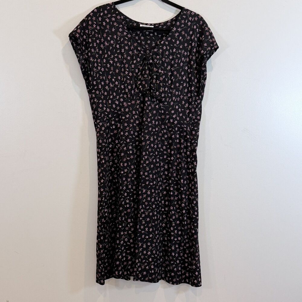 Amanda Lane Dress VTG Black Pink Floral Tie V Neck side zip cap sleeve L